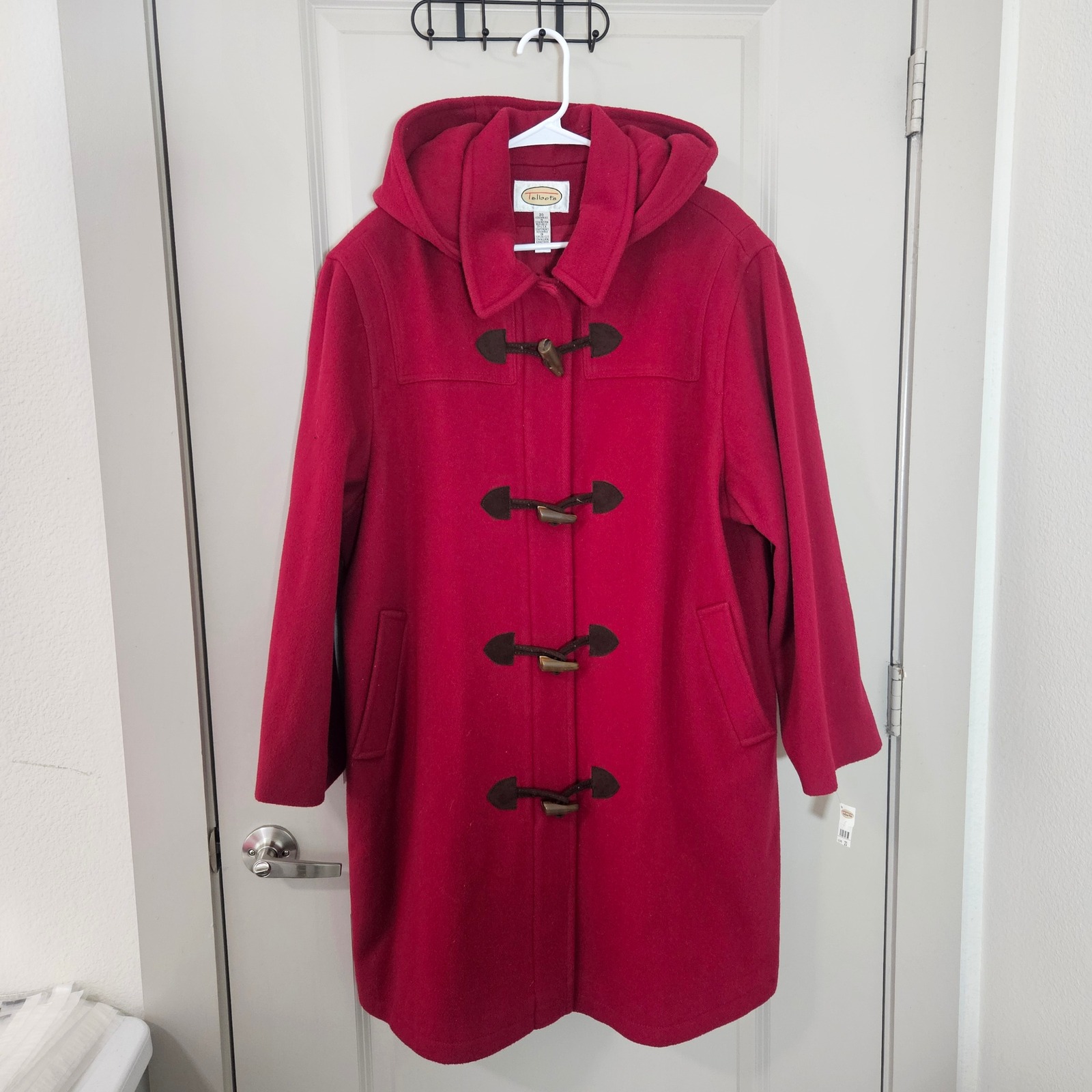Talbots Red 100% Wool Hooded Toggle Duffle Coat Womens Size 20 New Nwt